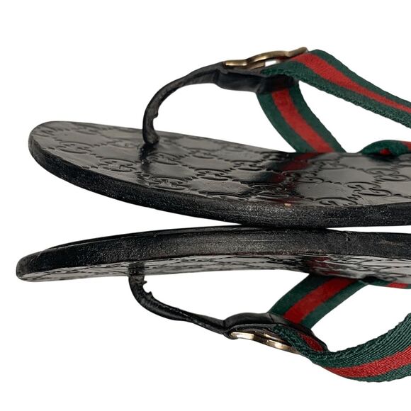 Gucci GG Web Stripe Thong Sandals EU 37.5 US 7.5 Black Flip Flop Slide Flat Heel - Picture 6 of 12